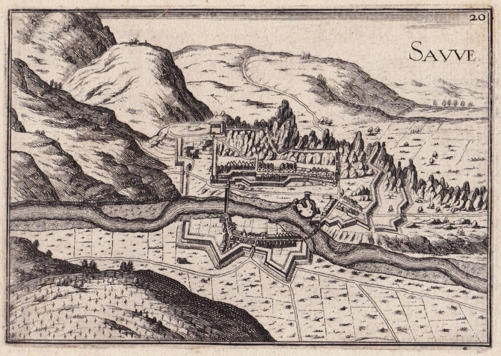 Gravure de Tassin montrant Sauve, extraite des Plans et Profils de toutes les principales villes et lieux considérables de France (Paris, 1634)