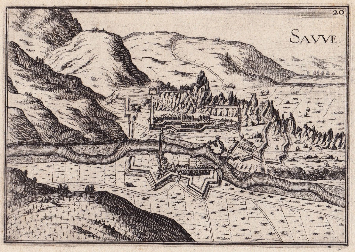 Gravure de Tassin montrant Sauve, extraite des Plans et Profils de toutes les principales villes et lieux considérables de France (Paris, 1634)